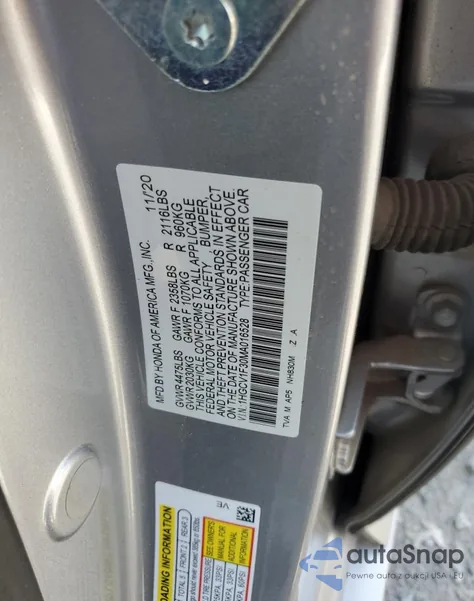 2021 Honda Accord Sport из США, поврежденный, VIN 1HGCV1F30MA016528